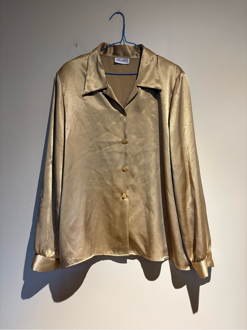 D’allairds Gold Tone Long Sleeve Button Down Shirt Vintage NYE Shiny Satin